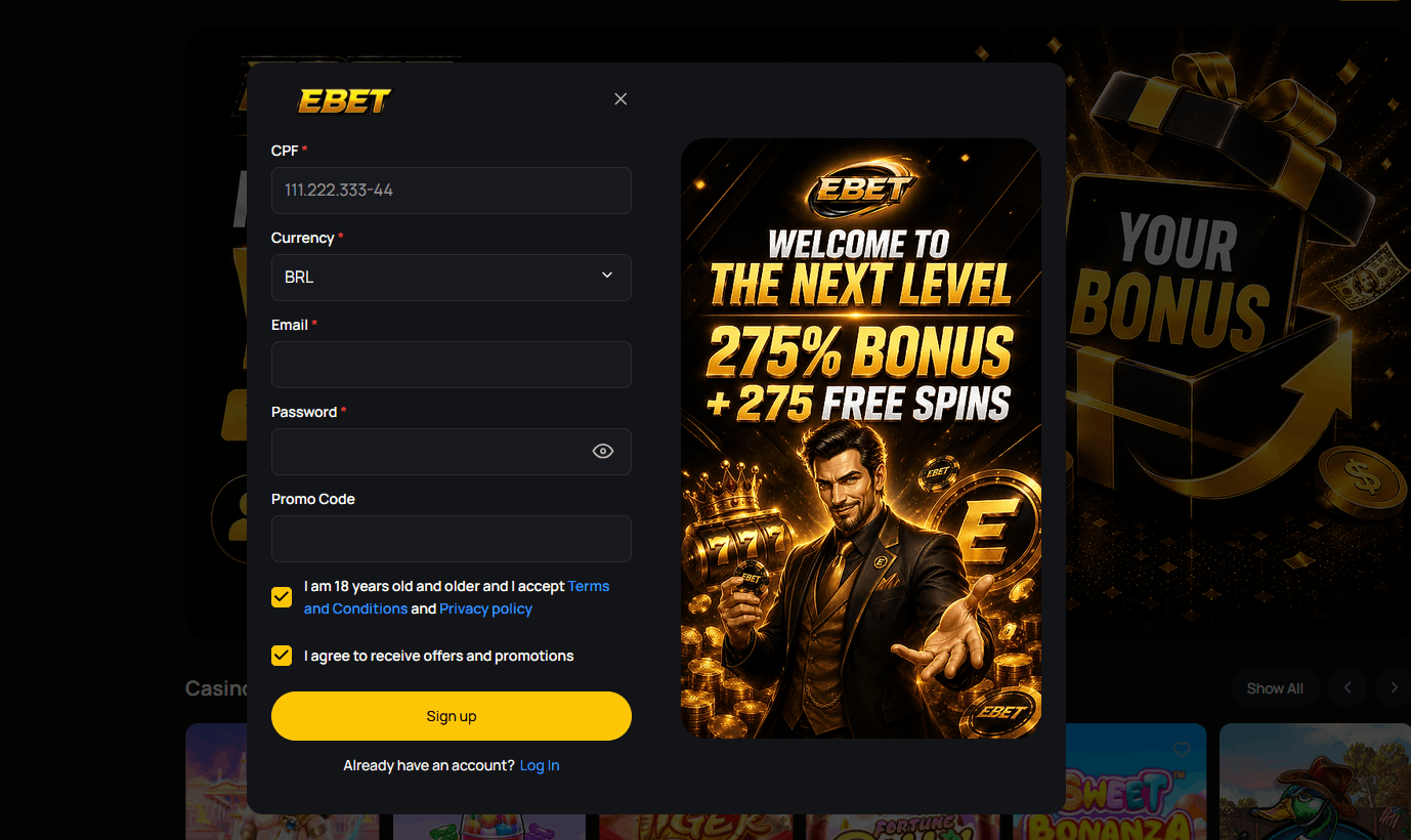 Ebet Casino – Tela de Cadastro