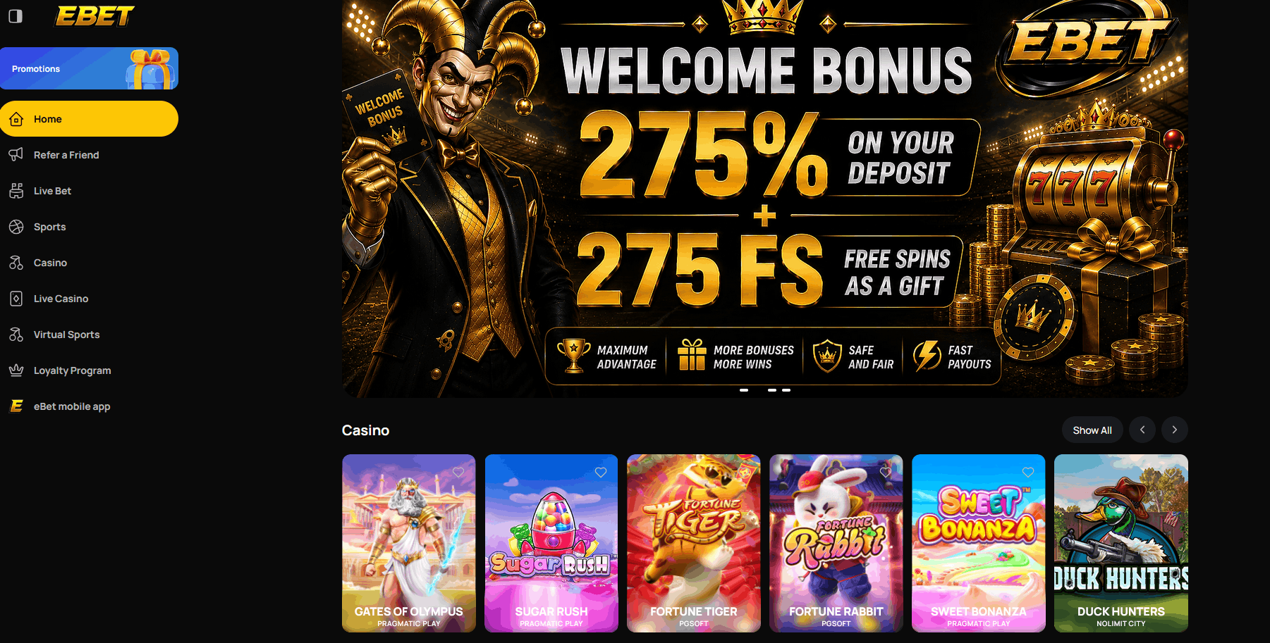 Ebet Casino – Lobby com Yo Dragon